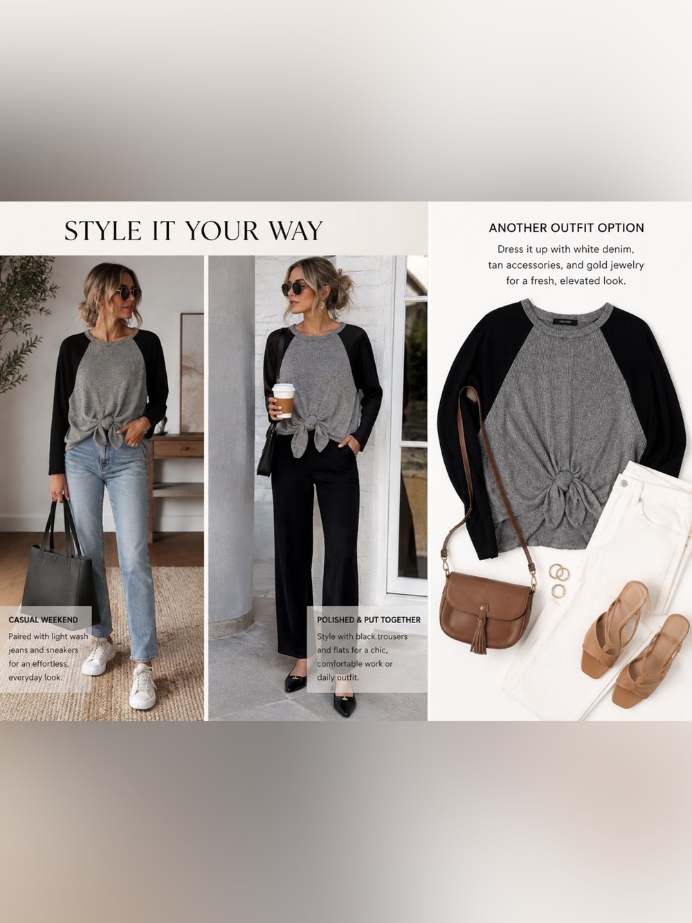 Fifteen Twenty Gray & Black Colorblock Tie-Front Knit Top